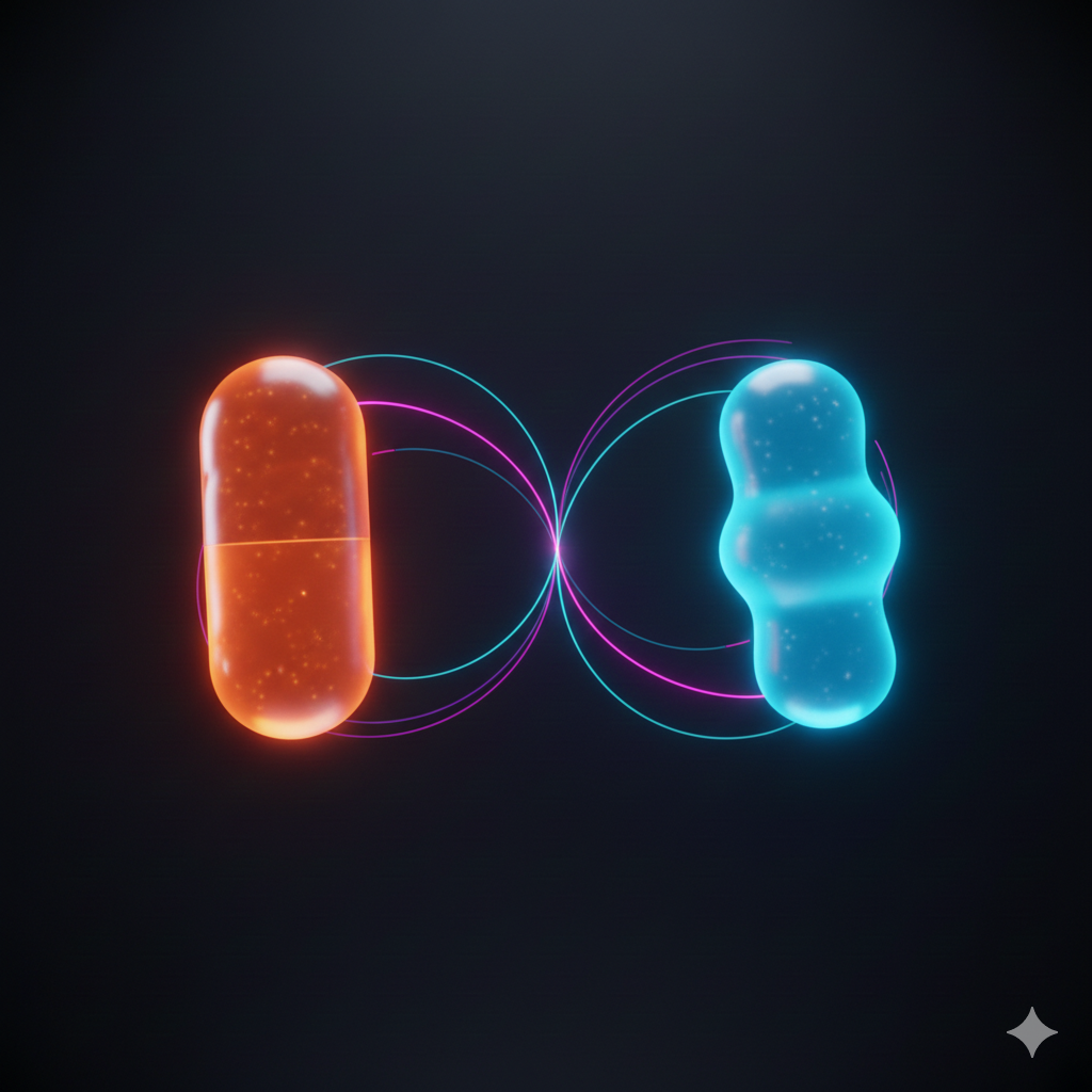 Abstract wellness image symbolizing choosing between capsules and gummies for daily focus and balance.