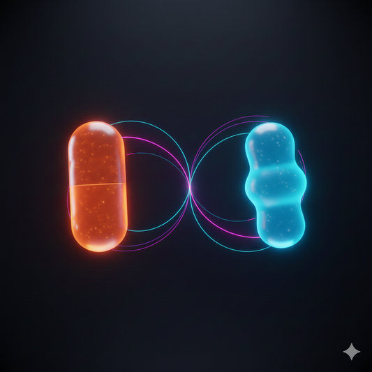 Abstract wellness image symbolizing choosing between capsules and gummies for daily focus and balance.