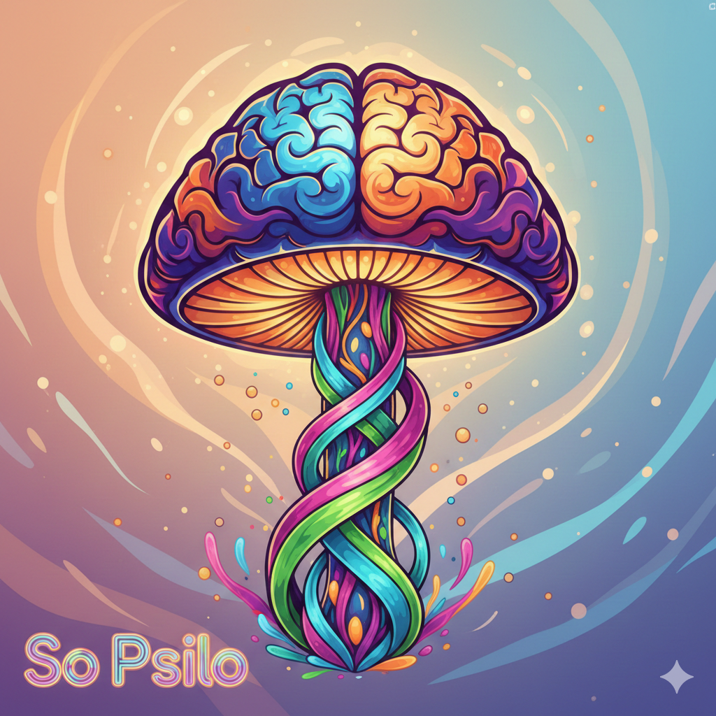 Colorful artistic illustration of a glowing magic mushroom with brain-like design, symbolizing stress relief and mood support, vibrant and modern style.