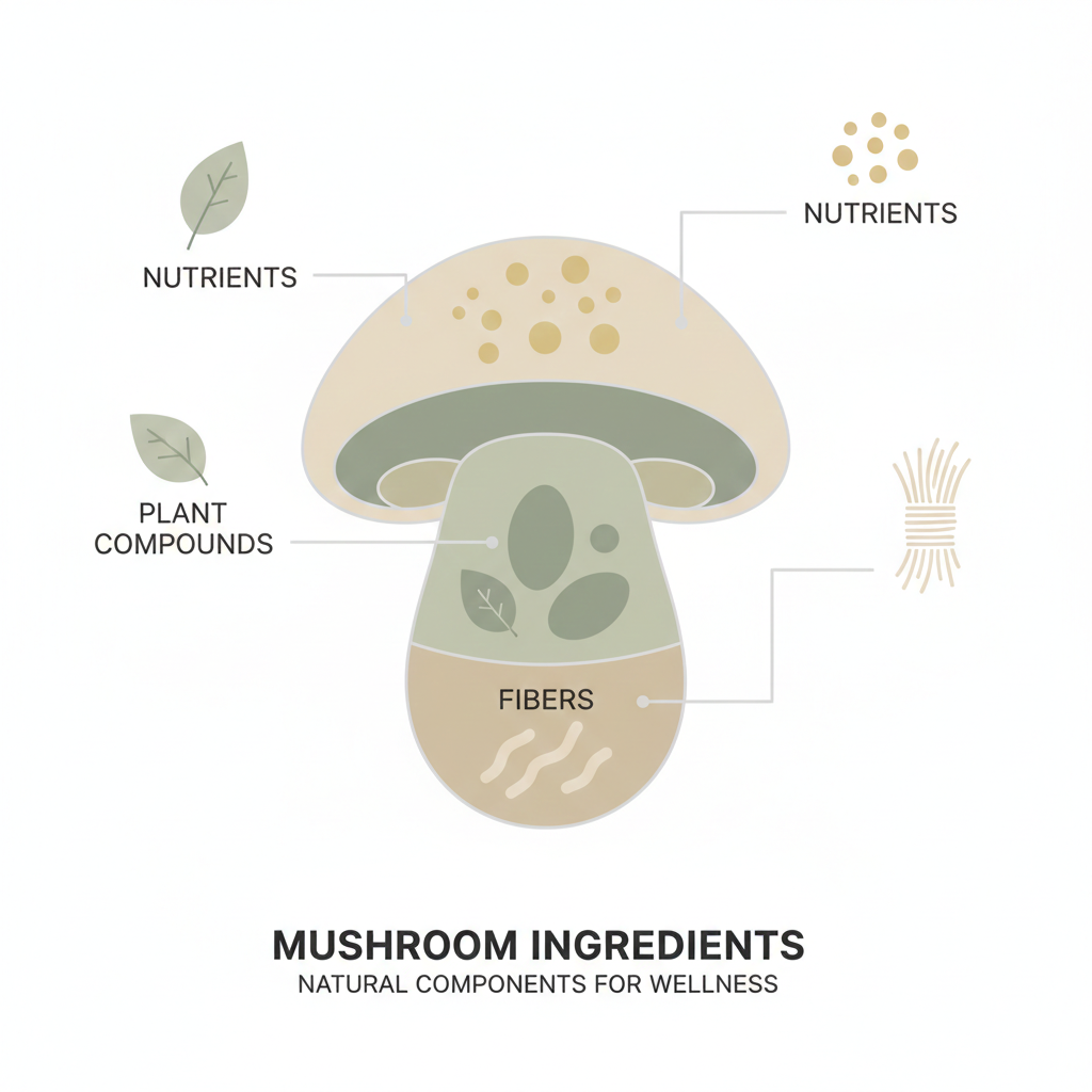Illustration showing non-psychedelic mushroom ingredients supporting mental clarity and daily wellness