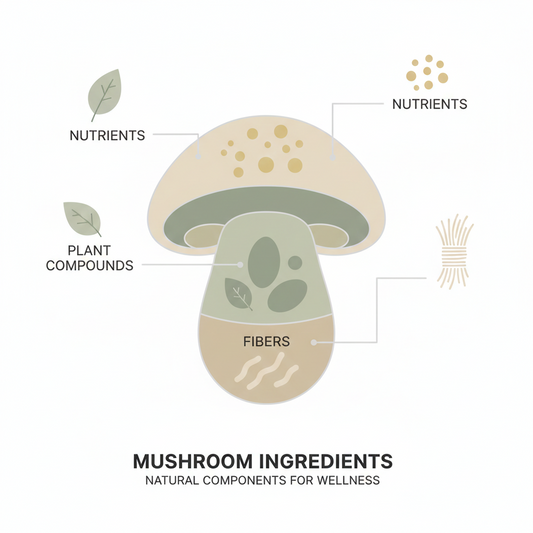 Illustration showing non-psychedelic mushroom ingredients supporting mental clarity and daily wellness