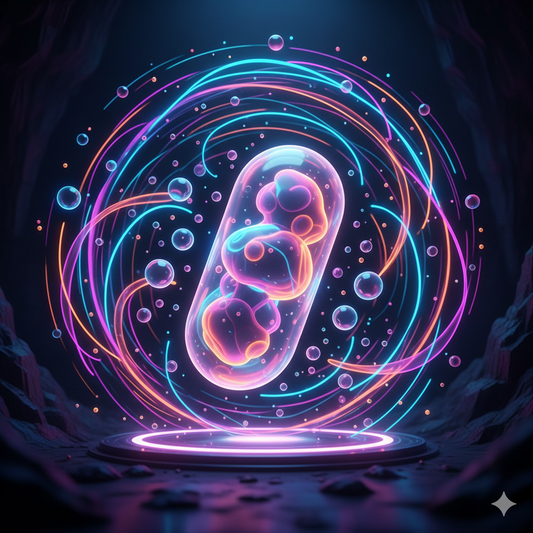 Central glowing abstract mushroom capsule with neon energy lines for wellness