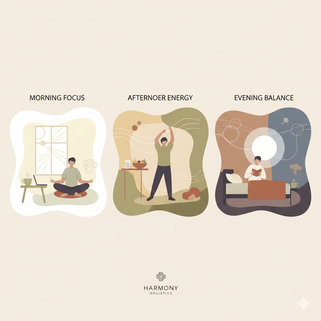 Illustration representing a daily magic mushroom wellness routine from morning to night