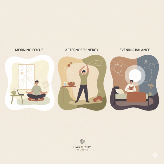 Illustration representing a daily magic mushroom wellness routine from morning to night