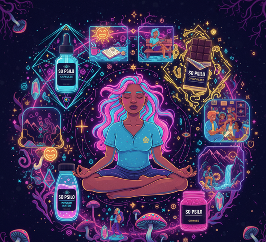 How to pick the perfect magic mushroom format for your lifestyle: visual guide showing So Psilo gummies, capsules, chocolate bars, and infused water with neon cosmic design and glowing mushroom elements for daily wellness routines.